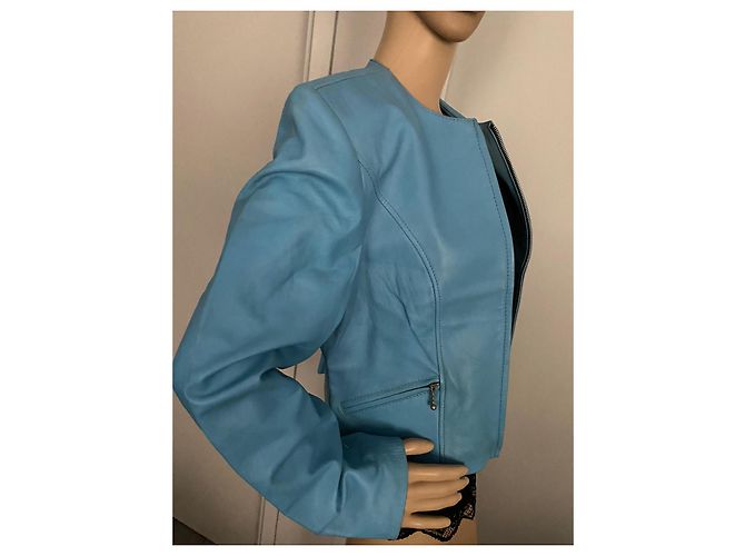 Autre Marque Giacca corta in pelle blu Blu chiaro - vista 8
