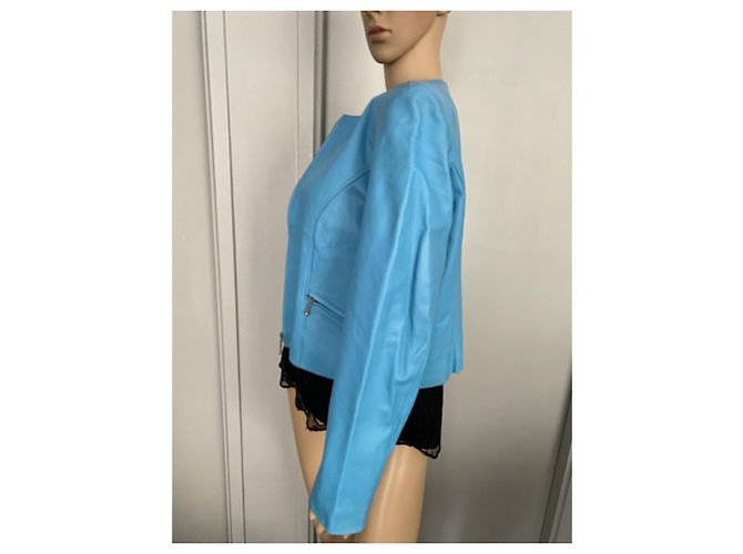 Autre Marque Giacca corta in pelle blu Blu chiaro - vista 9