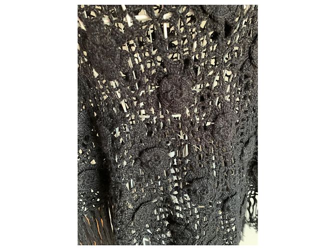 Autre Marque Gehäkelter Wollponcho schwarz 70er Jahre - Ansicht 4