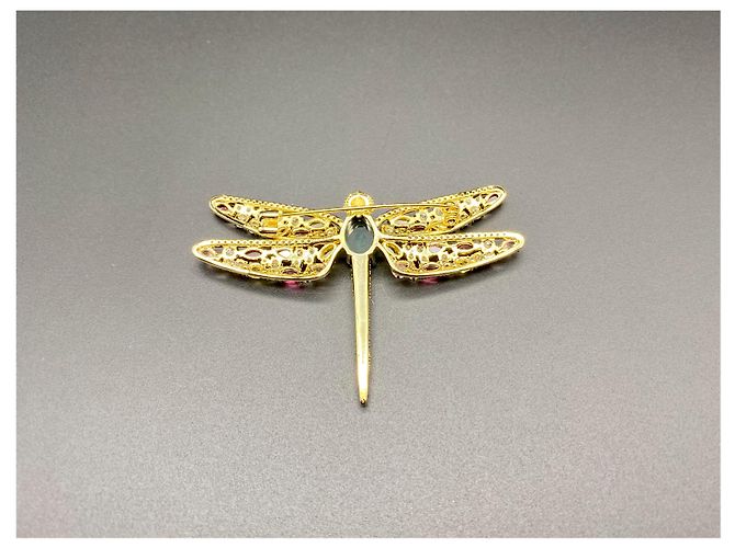 Autre Marque Spilla libellula in metallo placcato oro e cristalli multicolori Gold hardware - vista 4