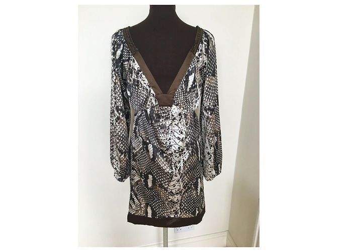 Vestido Joseph de seda con estampado de serpiente Castaño Beige Crudo - vista 2