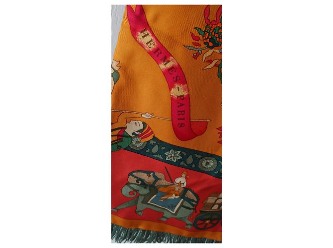 Lenço Hermès de seda e angorá verde e laranja - vista 3