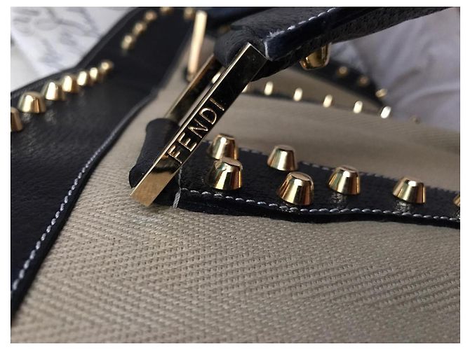 Borsa a mano Fendi in cotone borchiato beige - vista 3