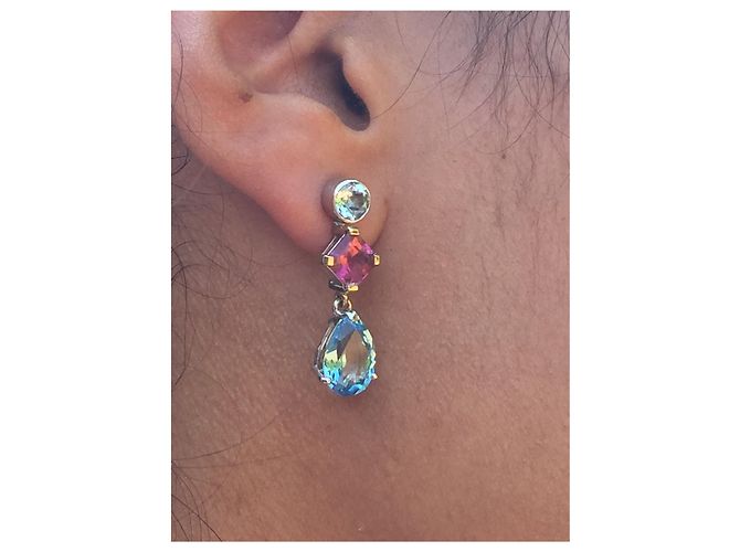 Autre Marque Orecchini d'oro 18 Kt acquamarina topazio e tormaline Gold hardware - vista 2