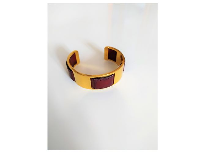 Prächtiges goldenes Messingarmband von Hermès aus goldenem Kalbsleder Braun - Ansicht 2
