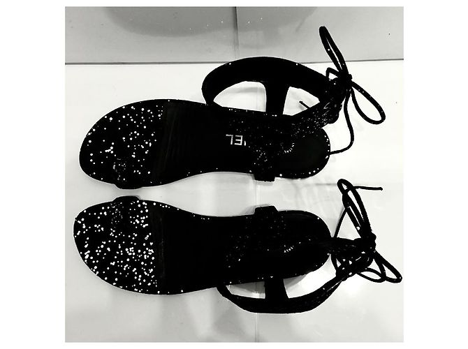 Sandali Chanel in camoscio di capra nero con micro glitter argento - vista 3