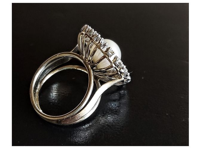 Autre Marque Perlenring mit Diamanten aus Weißgold und Platin Grau - Ansicht 2