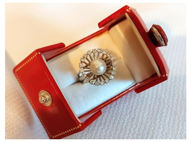 Autre Marque Perlenring mit Diamanten aus Weißgold und Platin Grau - Ansicht 7