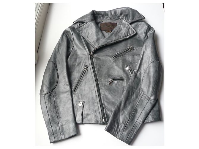 LOUIS VUITTON Silver iridescent anthracite leather jacket very good condition T40 - view 3