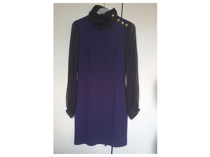 Abito Pierre Balmain in Crepe Blu Navy e Chiffon Nero - vista 4