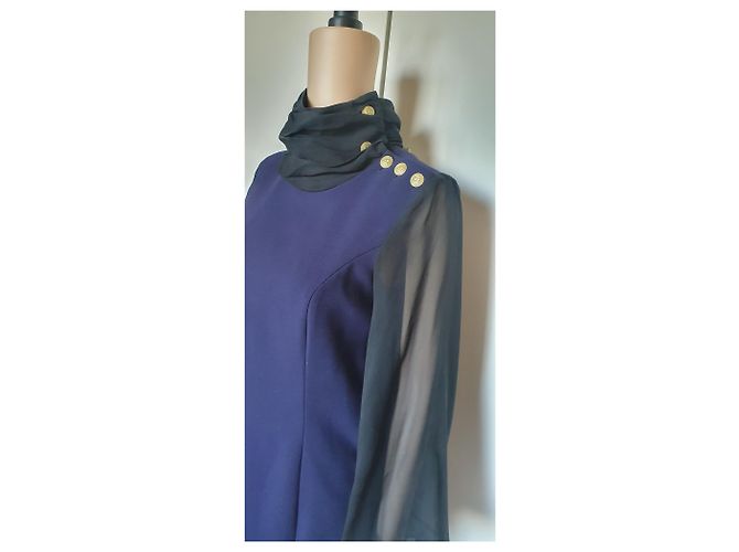 Abito Pierre Balmain in Crepe Blu Navy e Chiffon Nero - vista 9