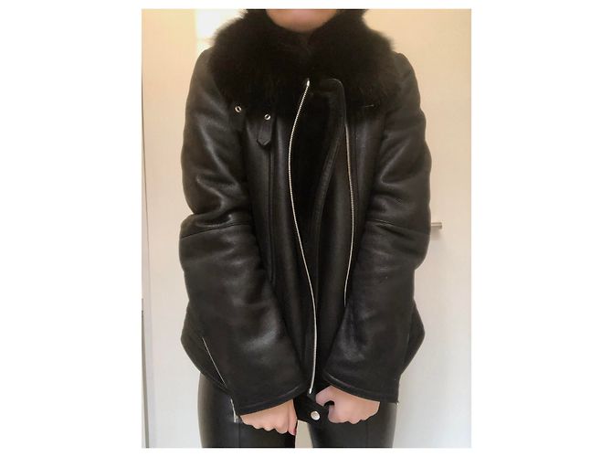 Theory Black Lambskin Biker Jacket with Blue Fox Collar - view 2