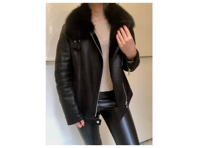 Theory Black Lambskin Biker Jacket with Blue Fox Collar - view 3