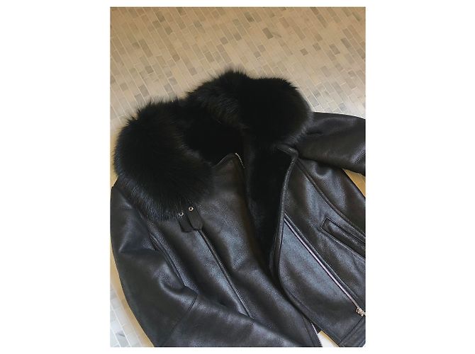 Theory Black Lambskin Biker Jacket with Blue Fox Collar - view 4