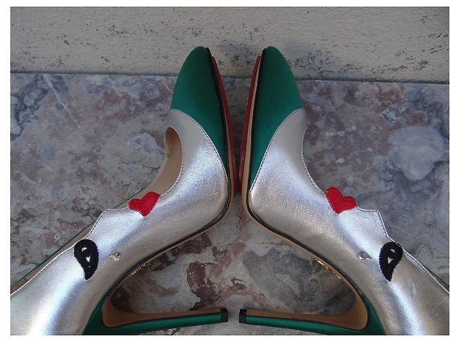 Décolleté Charlotte Olympia Pelle Argento e Tessuto Verde Taglia 39 - vista 14