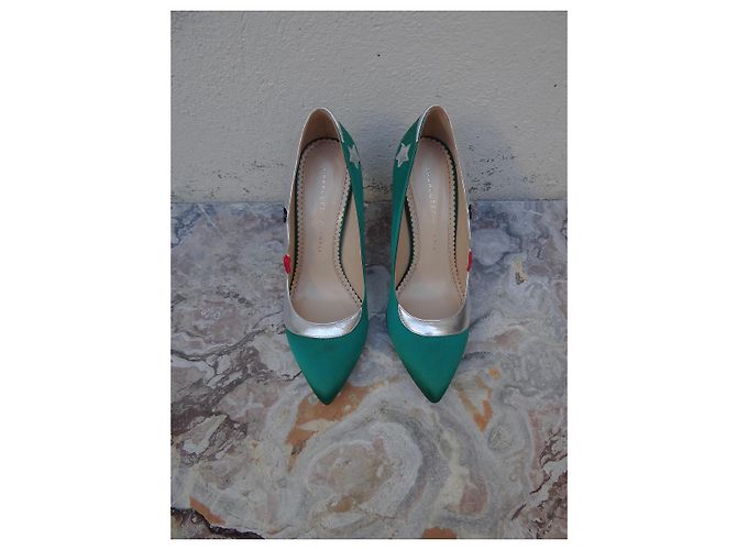 Décolleté Charlotte Olympia Pelle Argento e Tessuto Verde Taglia 39 - vista 2