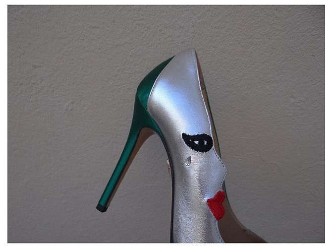 Décolleté Charlotte Olympia Pelle Argento e Tessuto Verde Taglia 39 - vista 4