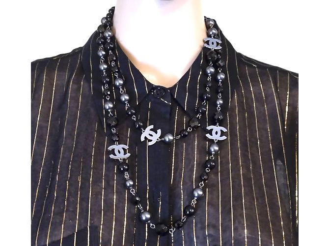 Chanel Black Grey CC Bead Pearl foderato singola collana Multicolore - vista 3