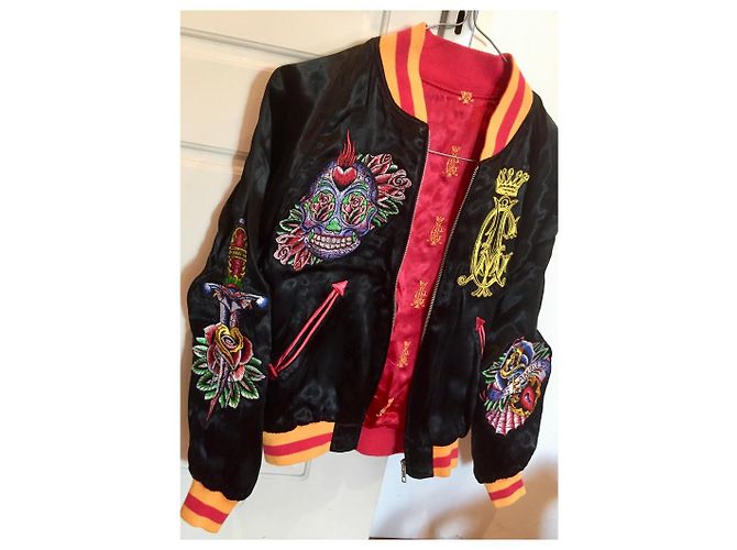 Autre Marque Giacca bomber in raso con zip Christian Audigier Nera Nero - vista 3
