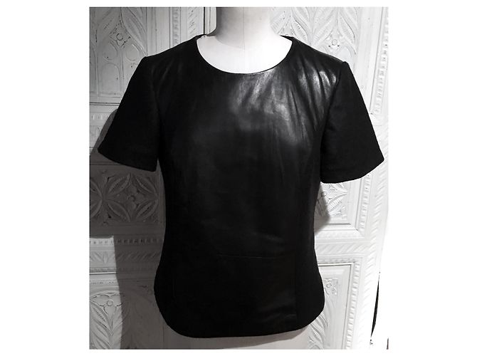 Top Massimo Dutti Nera in Pelle e Lana a Maniche Corte Nero - vista 4