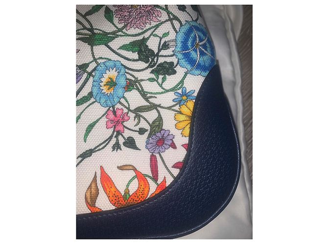 Borsa Gucci Jackie Hobo Flora Pelle Blu e Tela Bianca Bianco sporco - vista 12