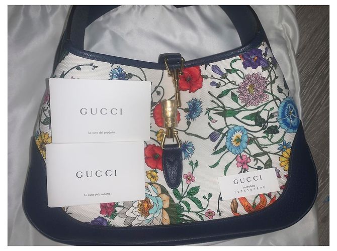 Borsa Gucci Jackie Hobo Flora Pelle Blu e Tela Bianca Bianco sporco - vista 2