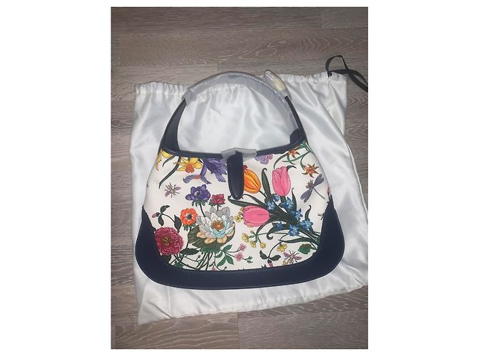 Borsa Gucci Jackie Hobo Flora Pelle Blu e Tela Bianca Bianco sporco - vista 3
