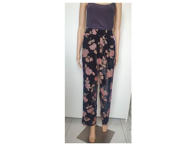 Autre Marque Isabelle Blanche Hose aus schwarzem Samt mit Blumenprint - Ansicht 2