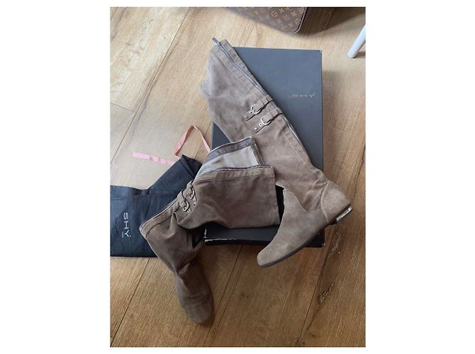 Botas SHY de camurça com joelho com zíper Taupe - vista 13