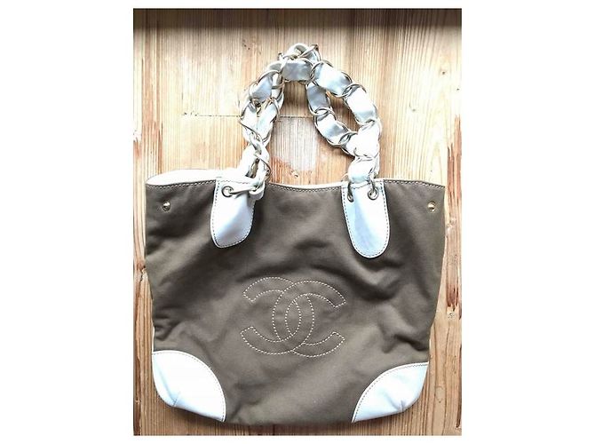 Bolsa Chanel Cáqui e Esbranquiçado em Couro e Lona Caqui Fora de branco - vista 6