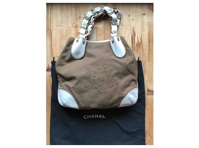 Bolsa Chanel Cáqui e Esbranquiçado em Couro e Lona Caqui Fora de branco - vista 7