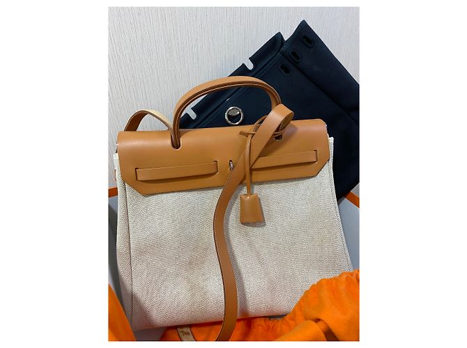 Hermès Herbag PM 2 nel 1 Borsa a tracolla in pelle naturale canvas 31 Crudo - vista 10
