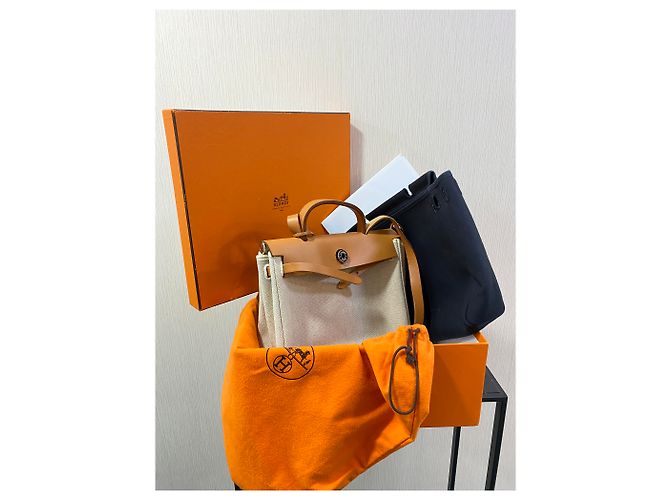 Hermès Herbag PM 2 nel 1 Borsa a tracolla in pelle naturale canvas 31 Crudo - vista 11