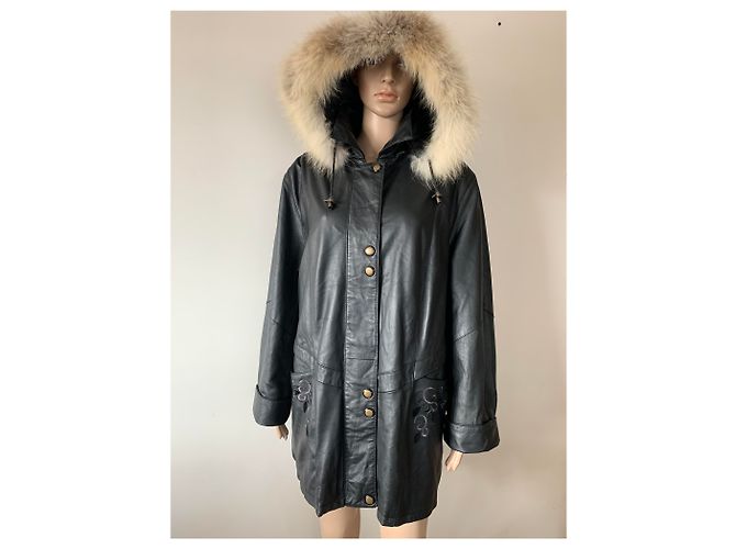 Autre Marque Abrigo de cuero negro y piel real XXL - vista 11