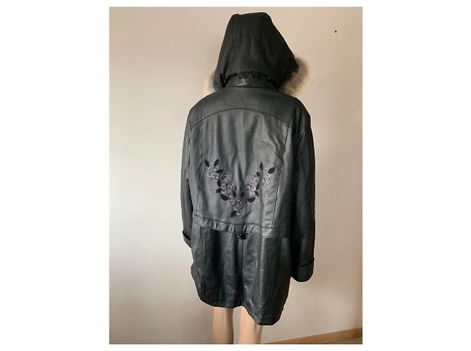 Autre Marque Abrigo de cuero negro y piel real XXL - vista 13