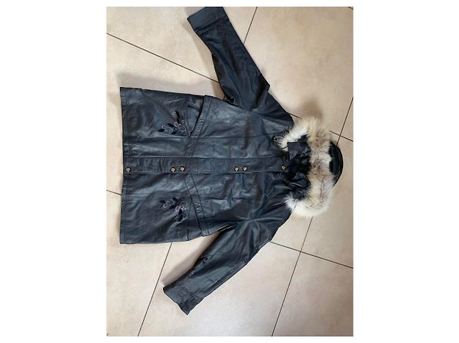 Autre Marque Abrigo de cuero negro y piel real XXL - vista 2