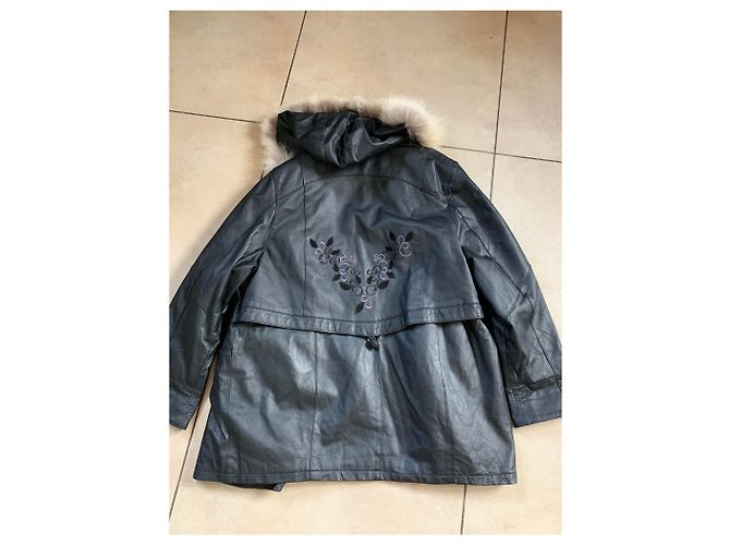 Autre Marque Abrigo de cuero negro y piel real XXL - vista 7