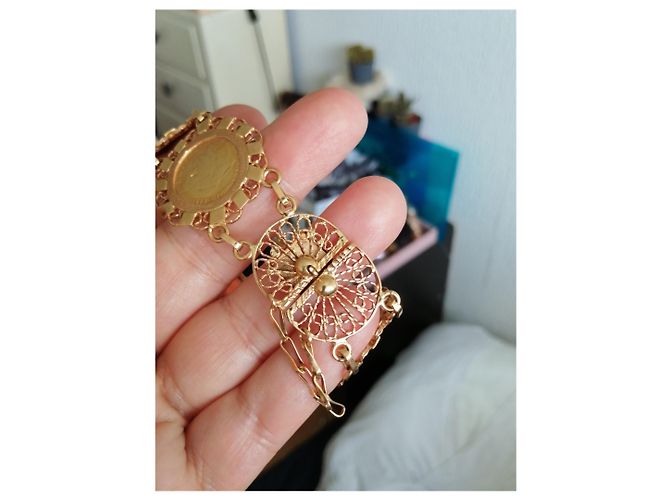 Vintage Bracciale in oro giallo con 5 monete Napoleone 10 Franchi 22 carati D'oro - vista 11