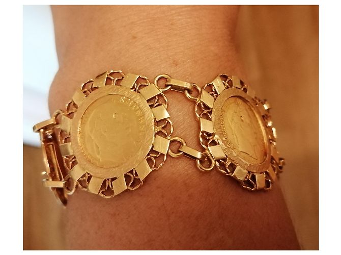 Vintage Bracciale in oro giallo con 5 monete Napoleone 10 Franchi 22 carati D'oro - vista 6