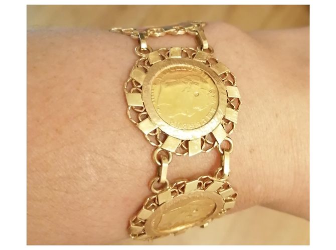 Vintage Bracciale in oro giallo con 5 monete Napoleone 10 Franchi 22 carati D'oro - vista 7