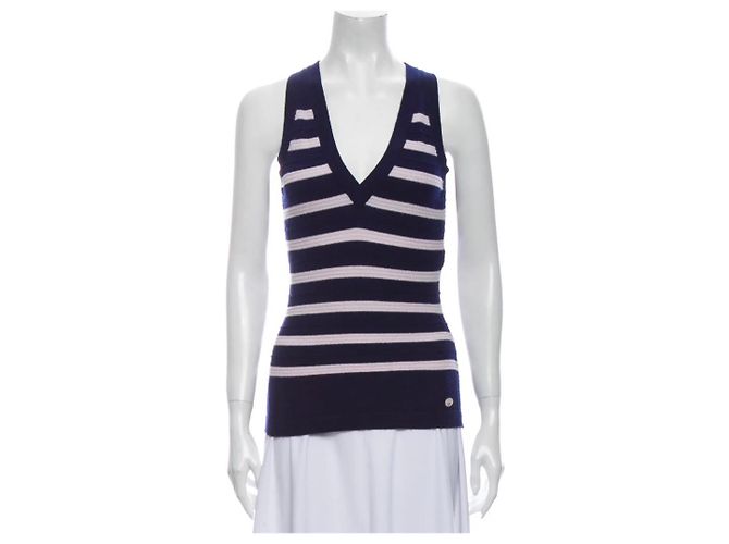 Chanel Gestreiftes Kaschmir Cardigan Set Blau - Ansicht 4