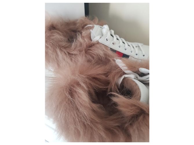 Baskets Gucci Ace blanches en cuir et fourrure - vue 5
