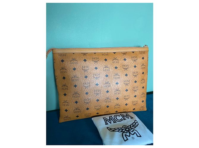 Custodia per laptop MCM Visetos Cognac Clutch con cerniera Marrone Nero D'oro - vista 3