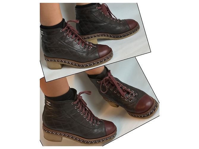 Chanel Kette um Combat Biker Ankle Boots Braun Bordeaux Dunkelbraun - Ansicht 3