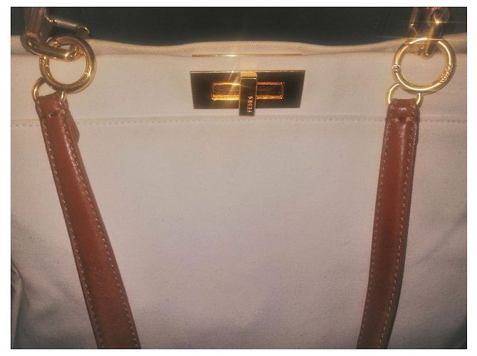 Fendi Peekaboo Handtasche Baumwolle Eggshell Aus weiß - Ansicht 13
