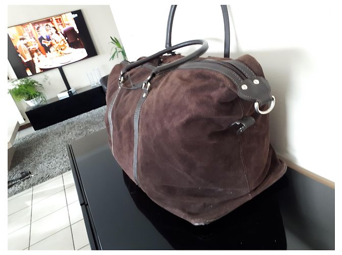 Autre Marque Borsa da viaggio Flamant in pelle e camoscio cioccolato - vista 2