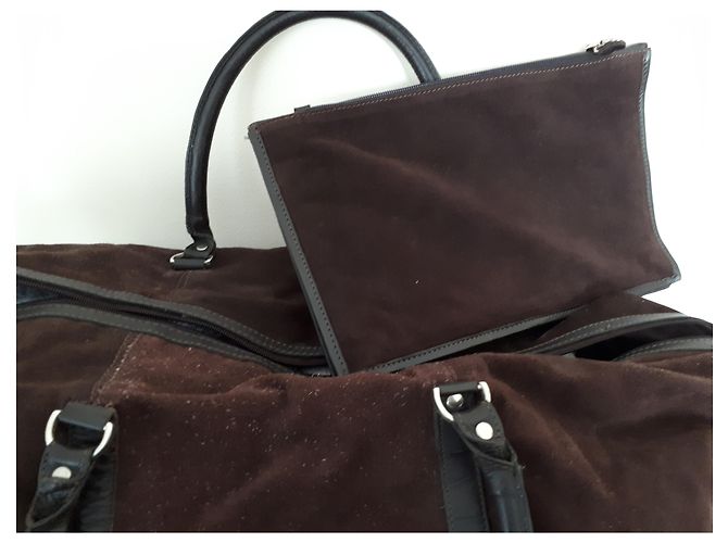 Autre Marque Borsa da viaggio Flamant in pelle e camoscio cioccolato - vista 3