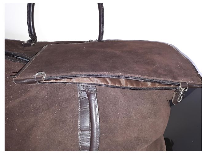 Autre Marque Borsa da viaggio Flamant in pelle e camoscio cioccolato - vista 8