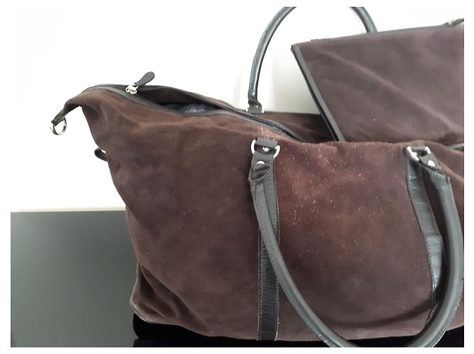 Autre Marque Borsa da viaggio Flamant in pelle e camoscio cioccolato - vista 9