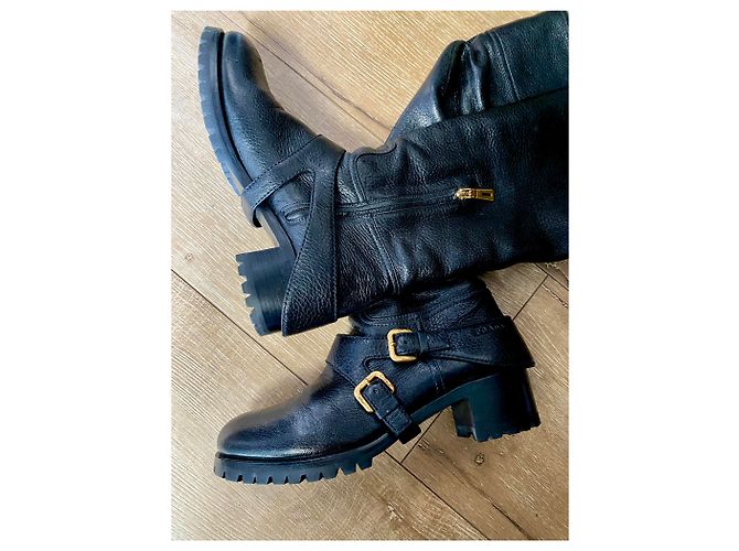 Botas de jinete Prada en cuero negro con hebillas doradas Dorado - vista 2